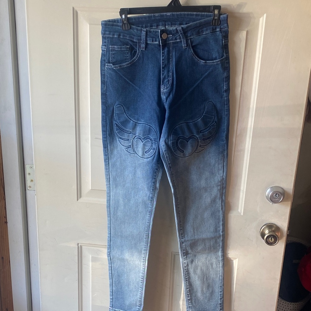 Women’s Skinny Ombre Blue Jeans with Heart Wing Stitching